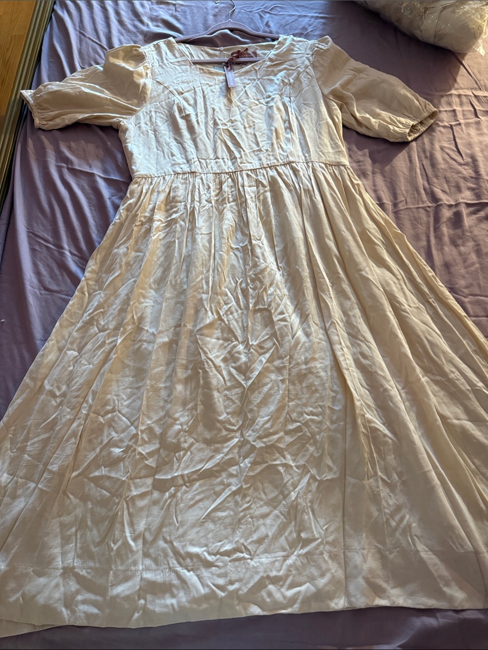 JessaKae Soft Cream Midi Dress with Puff Sleeves